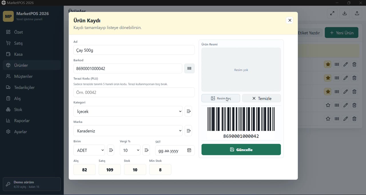 MarketPOS ürün kayıt ekranı