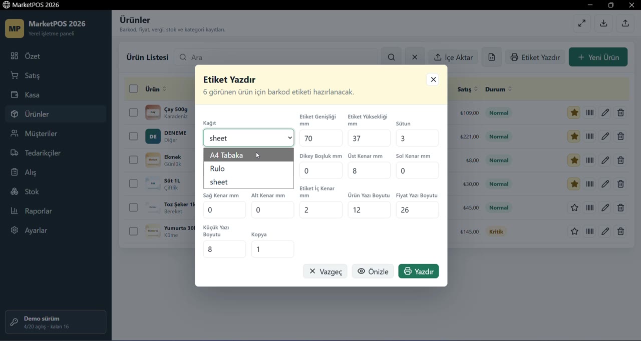 MarketPOS etiket yazdırma ekranı