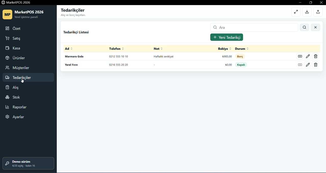 MarketPOS tedarikçi listesi ekranı