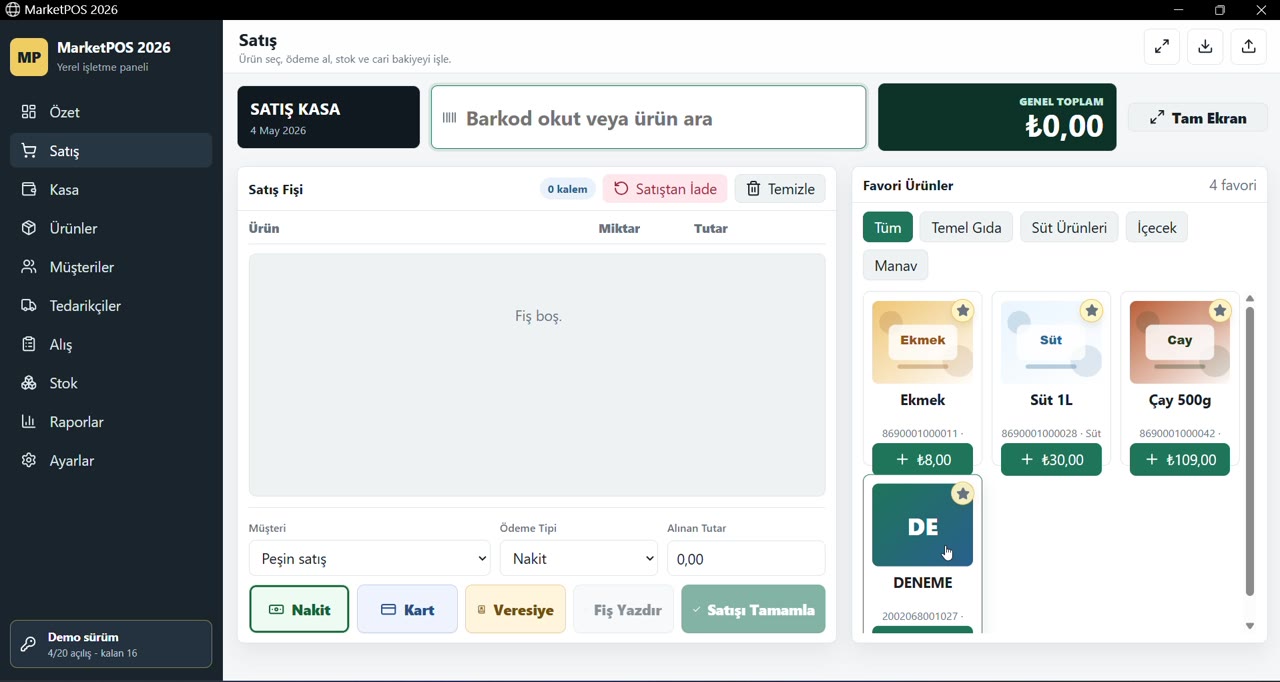 MarketPOS satış ürün kısayolları ekranı