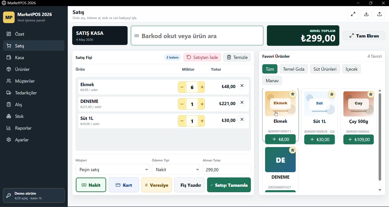 MarketPOS sepet ve ödeme ekranı
