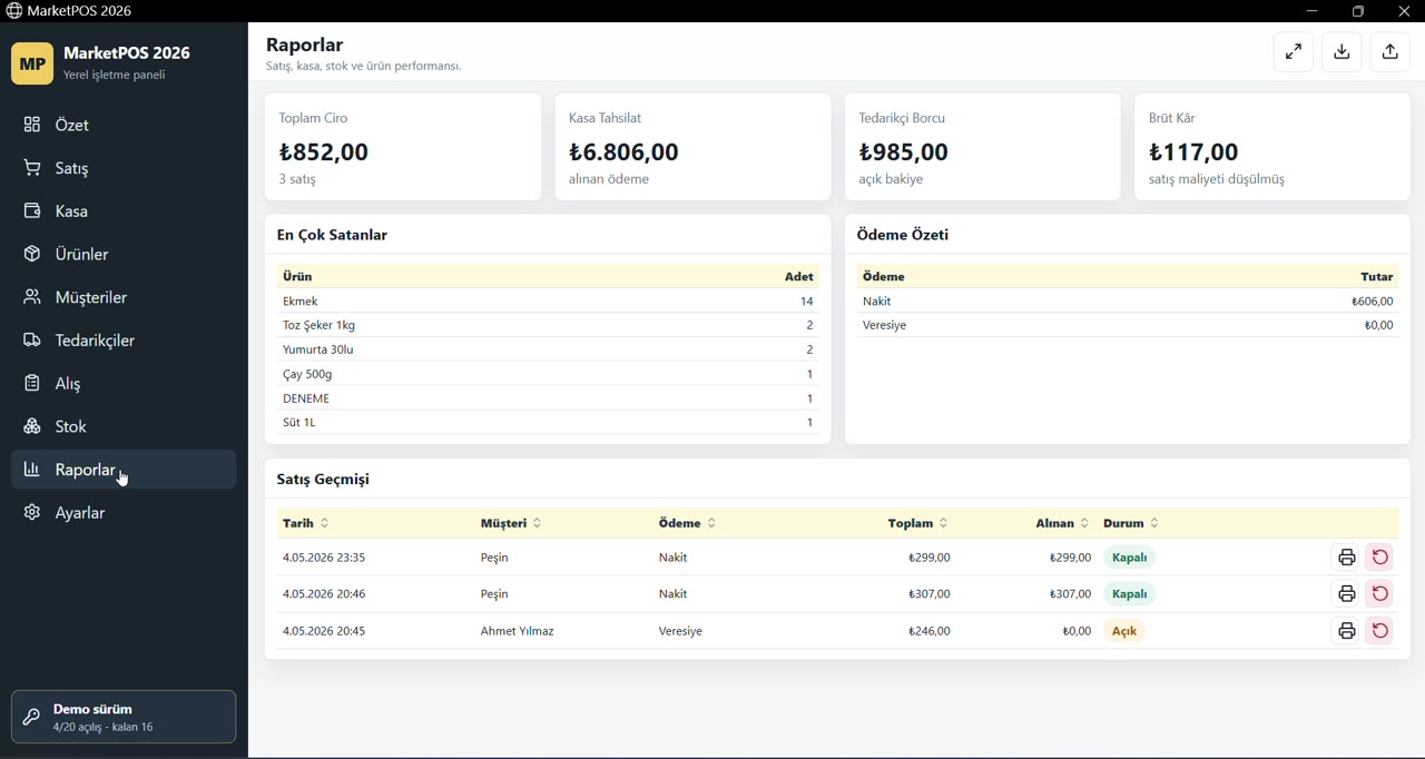 MarketPOS satış sonrası rapor ekranı