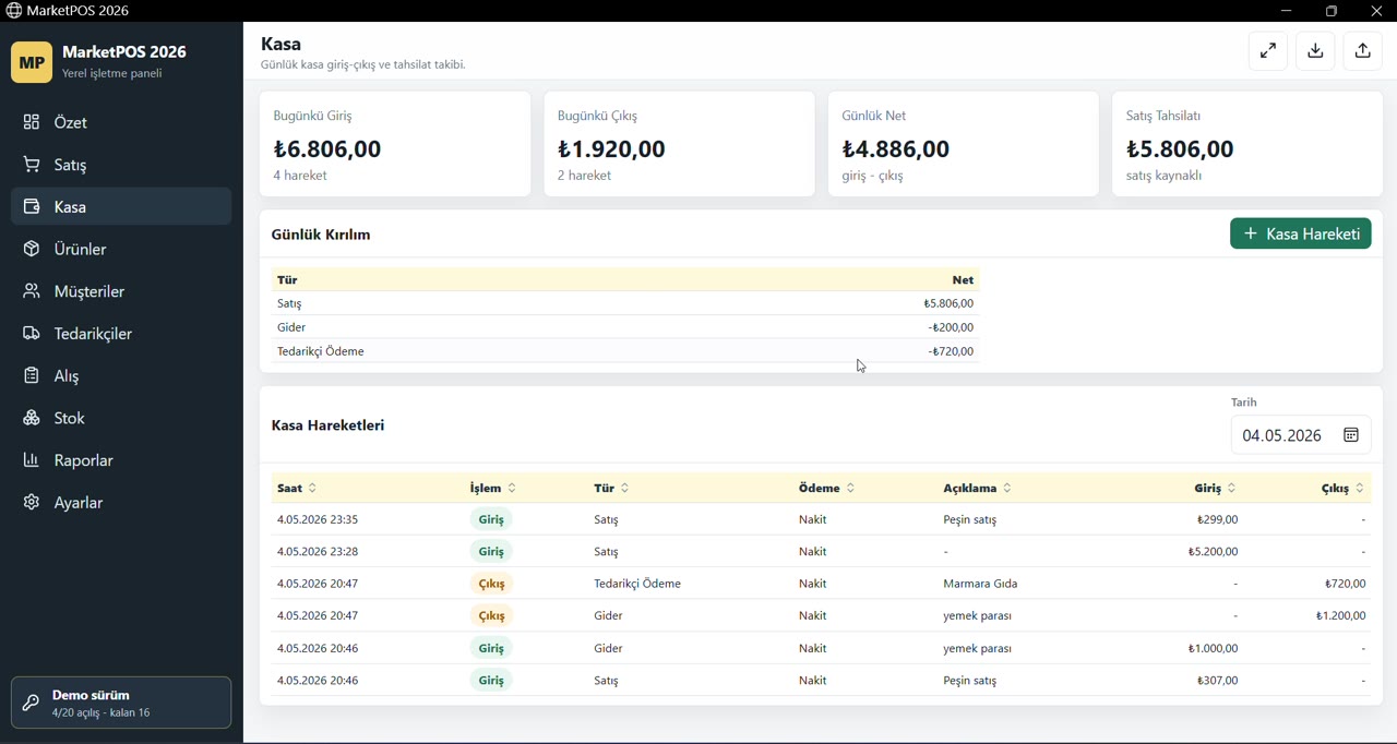 MarketPOS kasa özeti ekranı